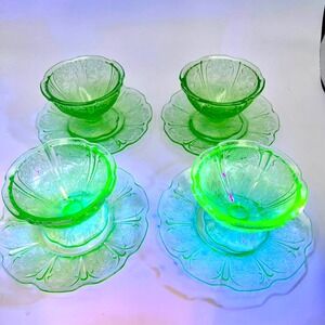 JEANETTE Cherry Blossom Sherbet Dish 8 Pc Set w/ Plates Saucers URANIUM GLASS